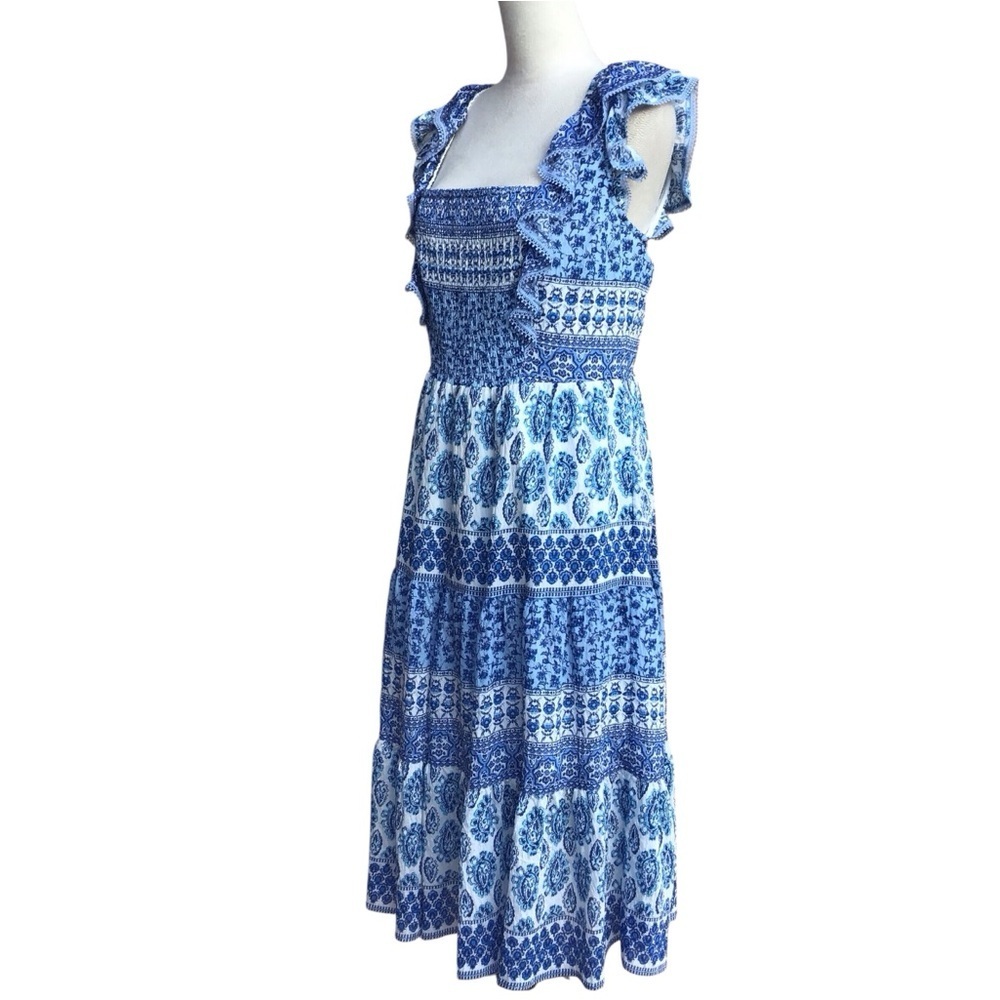 Eliza J Smocked Tiered Ruffle Sleeve Midi Dress NEW - Picture 7 of 11